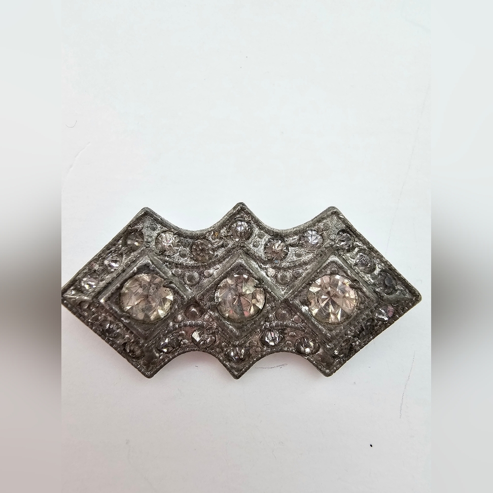 Antique Art Deco Rhinestone Bar Brooch - Geometric Pot Metal Bow/Zig-Zag Pin